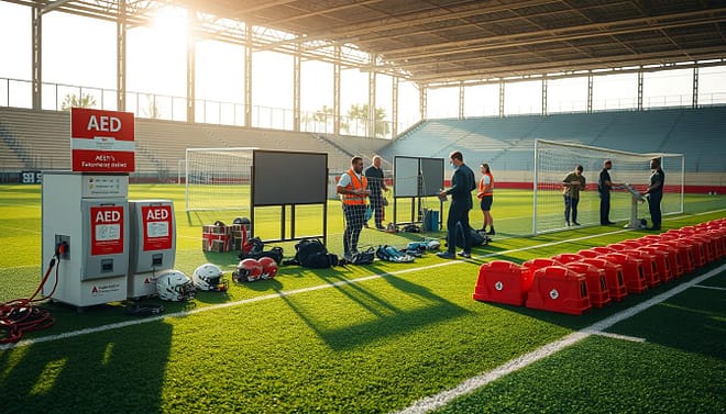 A well-organized sports facility showcasing various safety equipment checks. In the foreground, a detailed view of automated external defibrillator (AED) stations clearly marked by bright red signage, alongside safety helmets and L-safety nets neatly arranged. In the middle ground, visuals of safety screens and maintenance personnel in professional attire performing equipment checks, highlighting attentiveness to safety protocols. The background features a well-maintained sports field with vibrant green grass under the warm glow of afternoon sunlight, casting gentle shadows. The atmosphere conveys a sense of diligence and commitment to player well-being, with a focus on safety and readiness in a dynamic sports environment. Soft focus on the background enhances the emphasis on safety equipment. A well-organized sports facility showcasing various safety equipment checks. In the foreground, a detailed view of automated external defibrillator (AED) stations clearly marked by bright red signage, alongside safety helmets and L-safety nets neatly arranged. In the middle ground, visuals of safety screens and maintenance personnel in professional attire performing equipment checks, highlighting attentiveness to safety protocols. The background features a well-maintained sports field with vibrant green grass under the warm glow of afternoon sunlight, casting gentle shadows. The atmosphere conveys a sense of diligence and commitment to player well-being, with a focus on safety and readiness in a dynamic sports environment. Soft focus on the background enhances the emphasis on safety equipment.