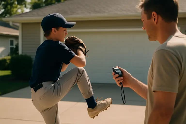 A coach speaking with youth baseball players between tournament innings