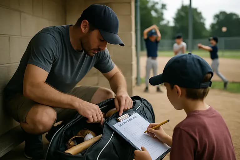 Baseball equipment organized beside a travel bag before leaving home