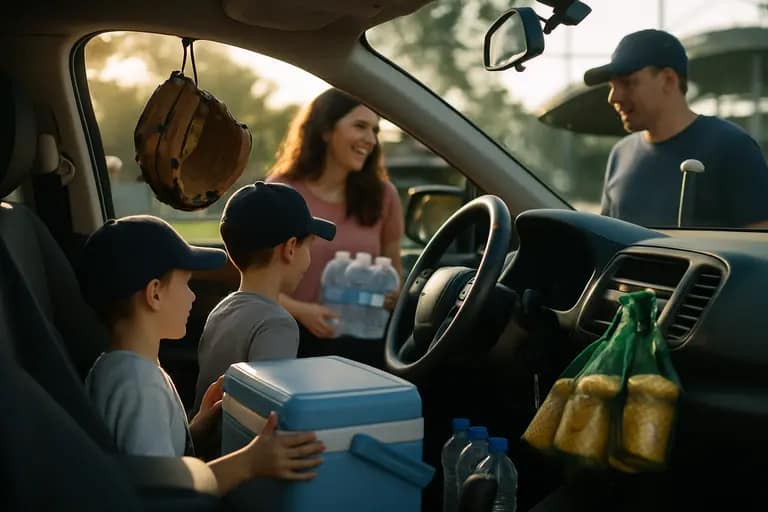 Baseball family loading gear bags and coolers before a tournament trip