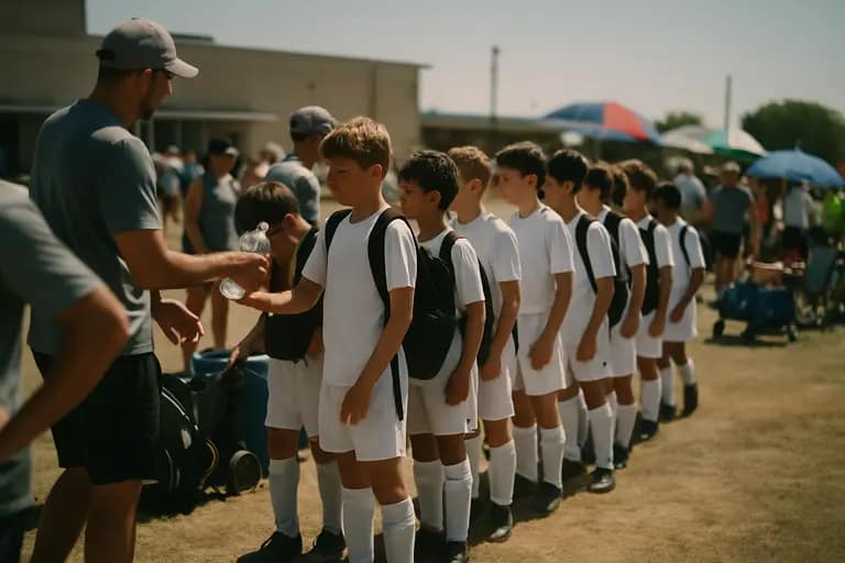 Youth baseball players resting with water bottles beside a field