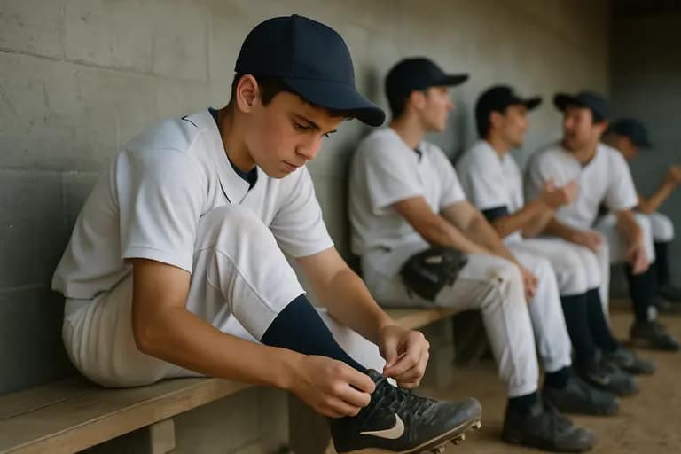 Youth baseball player stretching beside a fence before warmups in Texas heat