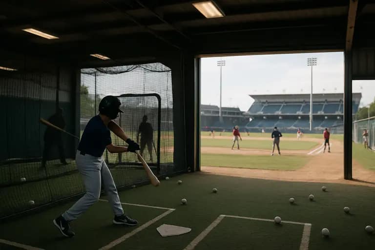 Indoor batting area and outdoor baseball fields prepared for youth training