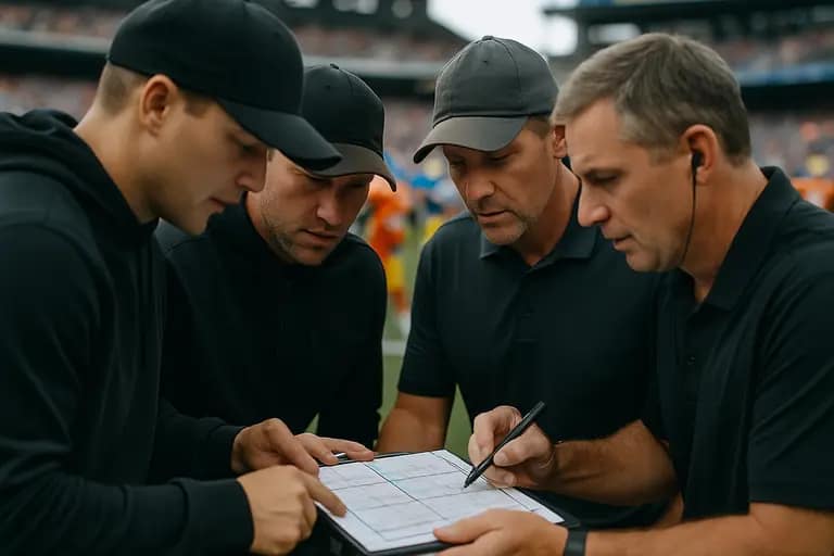 Coach reviewing notes with players on a bench between games