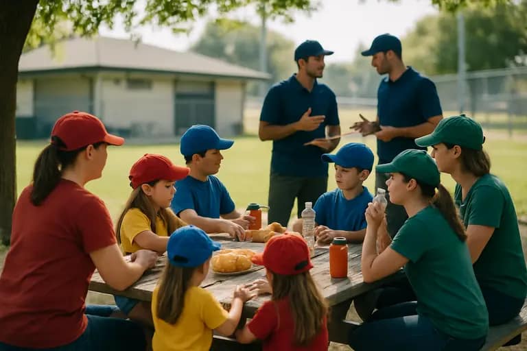 Coach speaking with youth players beside bats and helmets before a game