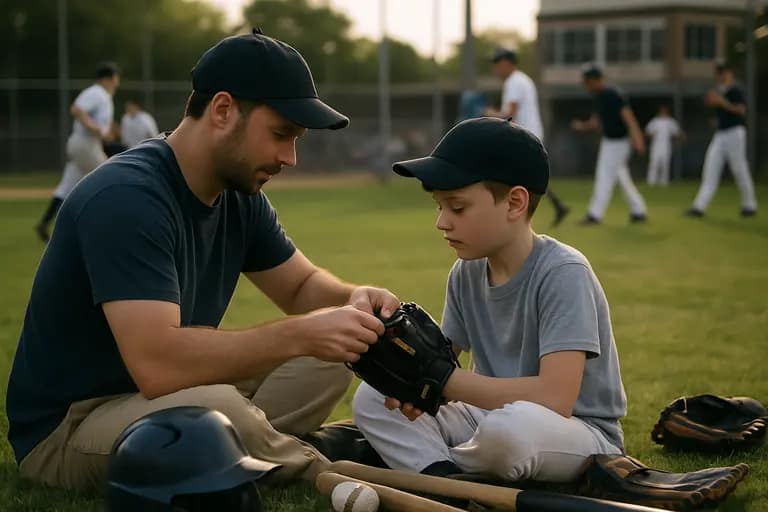 Helmet, glove, bat, and cleats organized before a youth baseball game