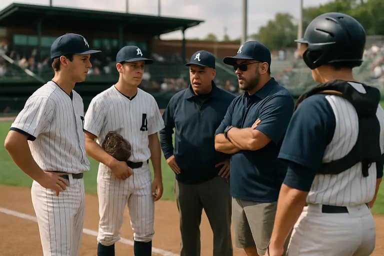 High school baseball players meeting with coaches before a tournament inning