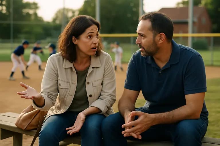 Parent and young athlete checking baseball gear near a dugout