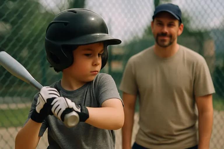 Young baseball player sitting with a parent after a game at a tournament complex