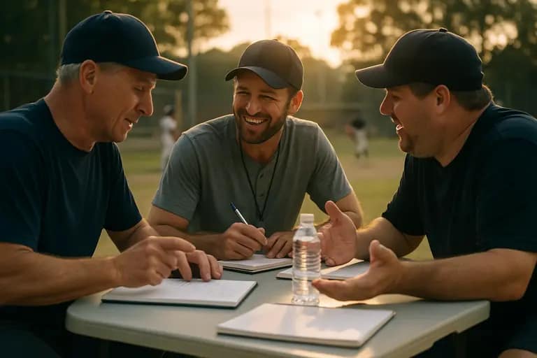 Youth baseball coach setting practice goals with players on the field