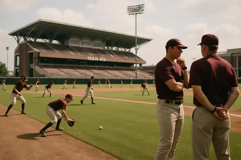 Baseball bags lined along a dugout rail before practice