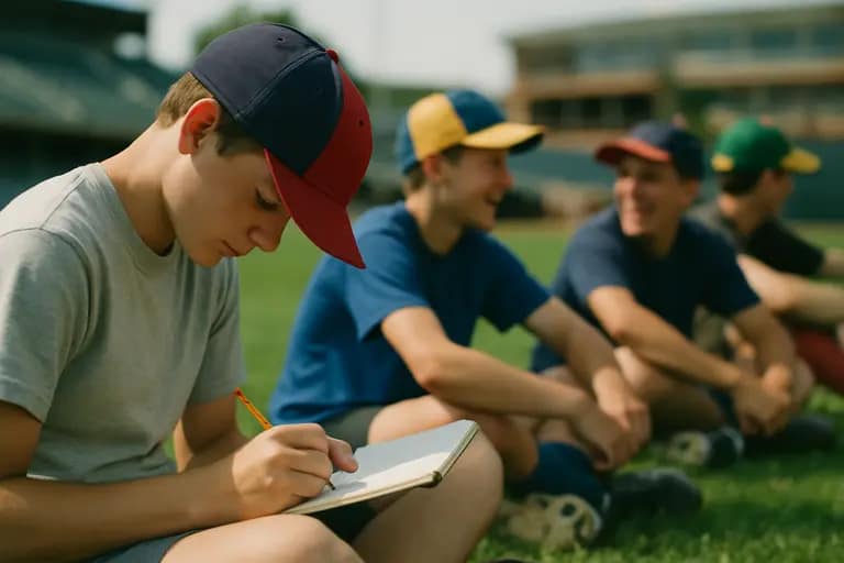 Player writing notes in a notebook after baseball practice